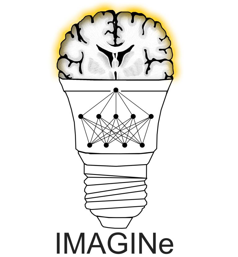 The logo illustrates a neural network with three distinct layers: an input layer that captures data, an intricate hidden layer where complex processing occurs, and an output layer that reveals the final insights. A coronal brain slice at the end symbolizes the synthesis of data into knowledge, highlighting the role of informatics in advancing neuroscience and clinical innovation.
