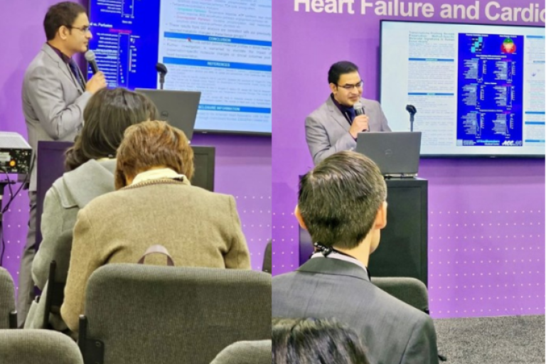 Dual pictures of a man with dark hair speaking to an audience. Sign above the unreadable screen reads, Theater 2, Heart Failure and Cardio.