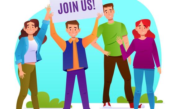 Four cartoon people smiling, one holding a sign that says "Join Us!"